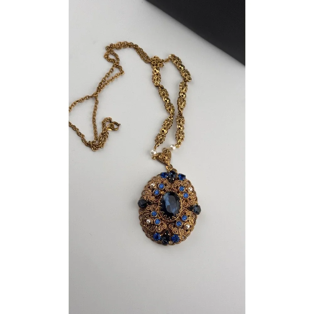 Vintage West Germany Blue Rhinestone Filigree Pendant Necklace 24.5